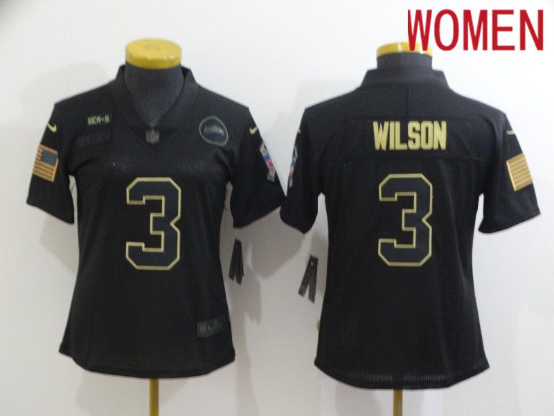 Women Seattle Seahawks 3 Wilson Black Retro Gold Lettering 2020 Nike NFL Jersey